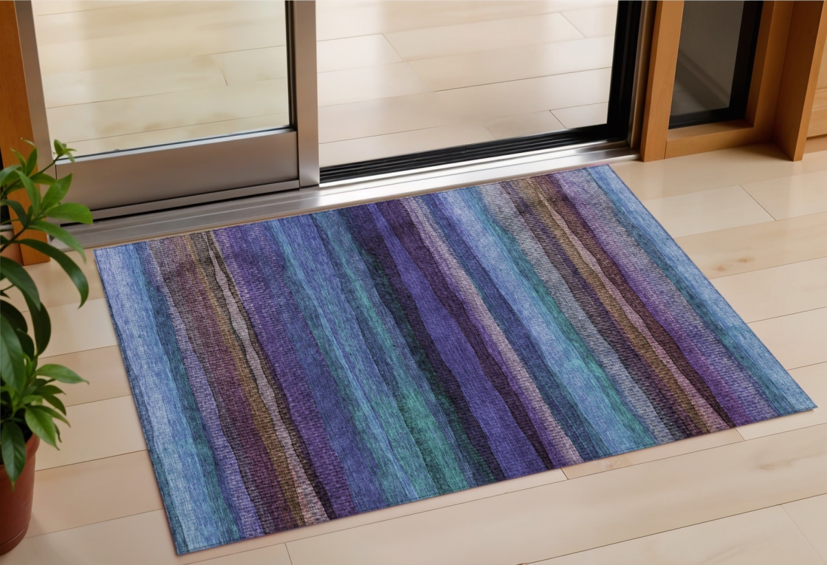 631203 3 x 5 ft. Blue Purple & Taupe Striped Washable Indoor & Outdoor Rectangle Area Rug