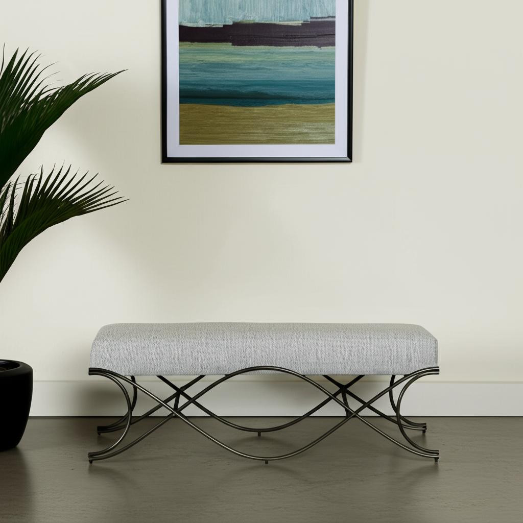 606736 55 in. Dark Gray & Nickel Chenille & Metal Upholstered Bench