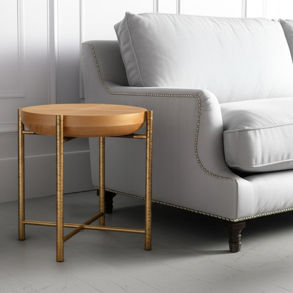 632660 22 in. Natural & Gold Wood & Stainless Steel Round End Table