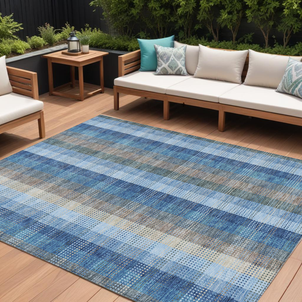 613968 10 x 14 ft. Denim Blue Sky Blue & Beige Plaid Washable Indoor & Outdoor Rectangle Area Rug