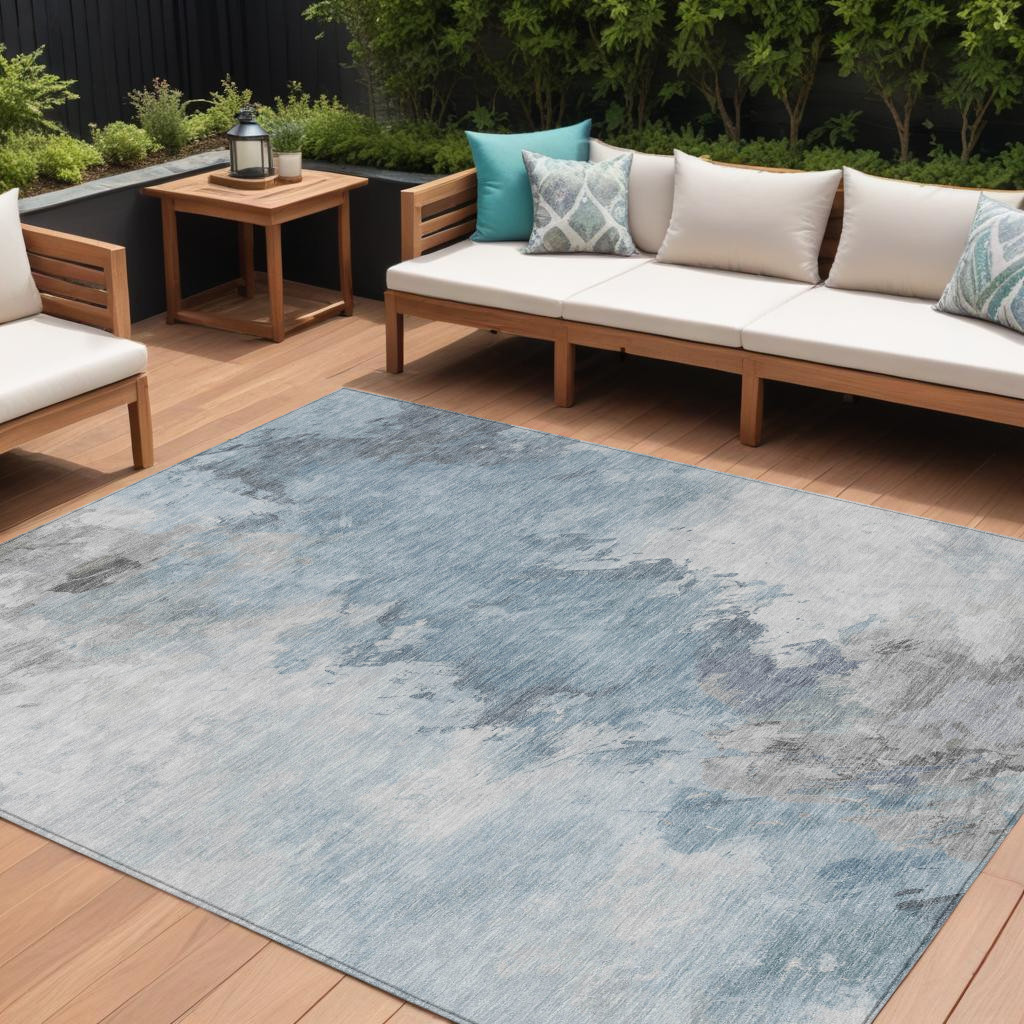 617424 10 x 14 ft. Sky Blue Gray & Ivory Abstract Washable Indoor & Outdoor Rectangle Area Rug