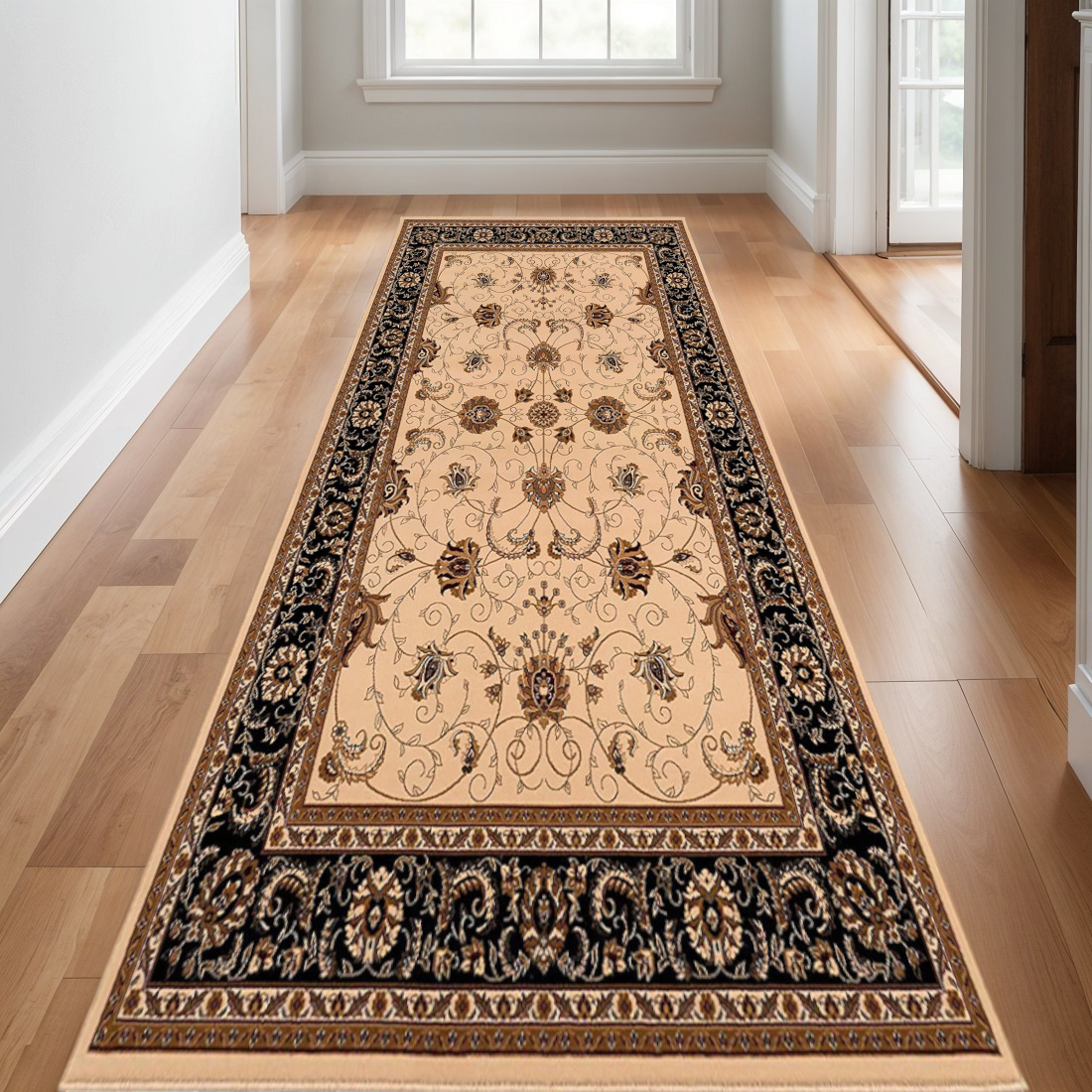 609764 25 ft. Runner Black Tan & Brown Oriental Runner Rug