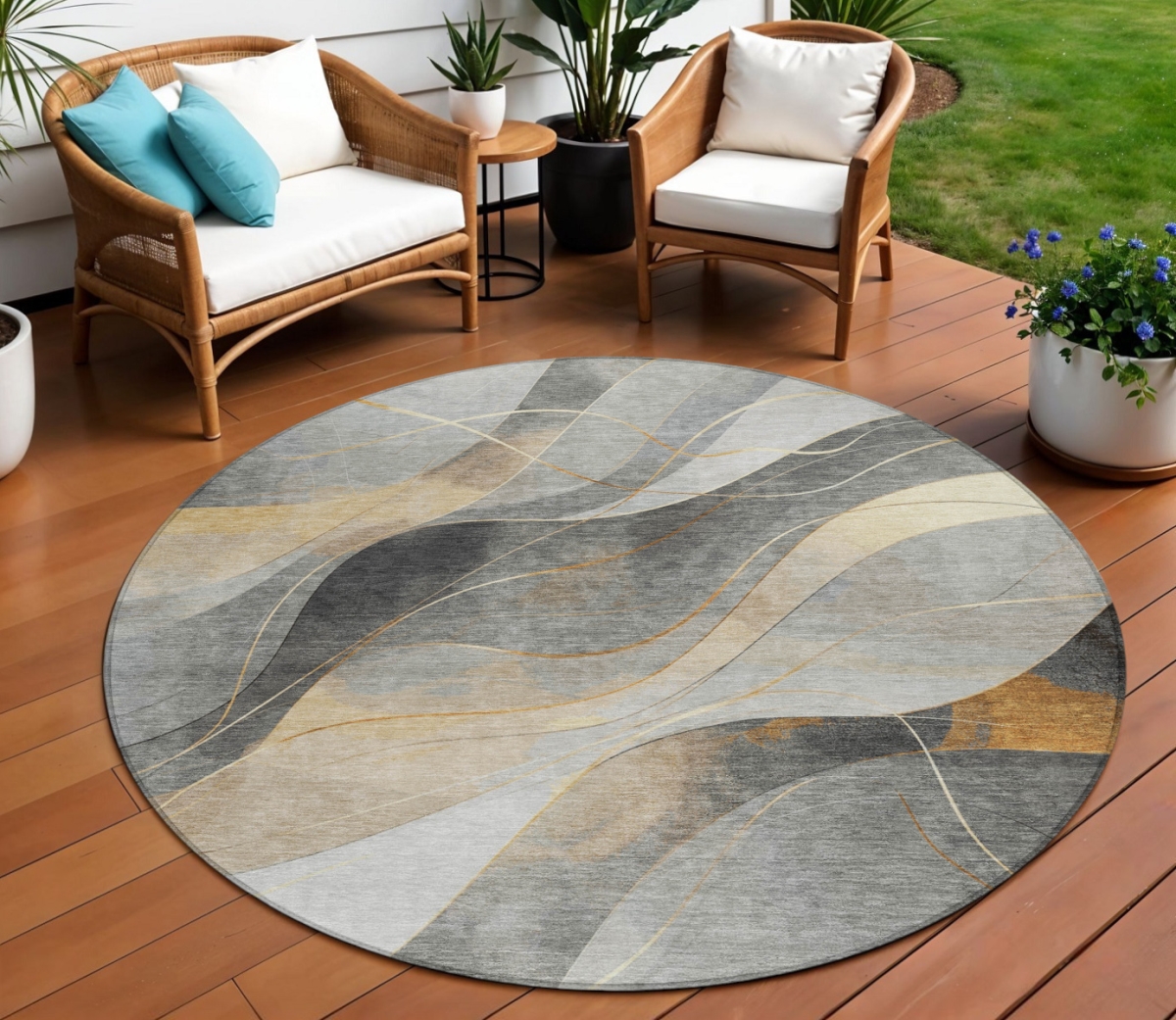 616756 8 ft. Gray Silver & Rust Round Abstract Washable Indoor & Outdoor Area Rug