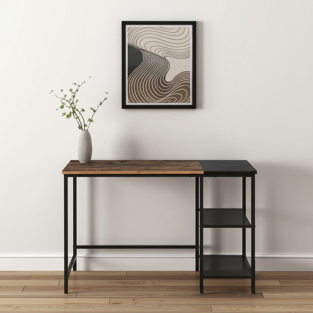 568047 43 in. Brown & Black Wood & Metal H-Shape Computer Desk