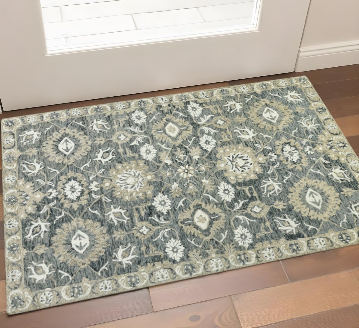 570415 2 x 3 ft. Gray Ivory & Beige Wool Floral Medallion Hand Hooked Rectangle Area Rug