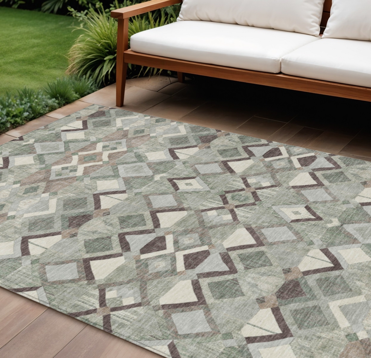 608997 9 x 12 ft. Sage & Off White Geometric Washable Indoor & Outdoor Rectangle Area Rug