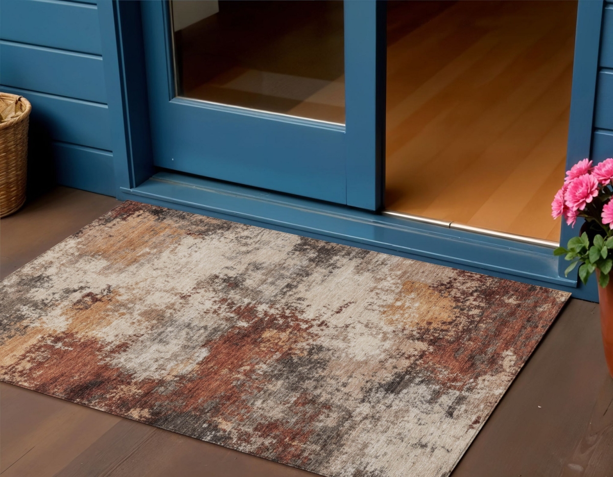 630627 3 x 5 ft. Rust & Beige Abstract Washable Indoor & Outdoor Rectangle Area Rug