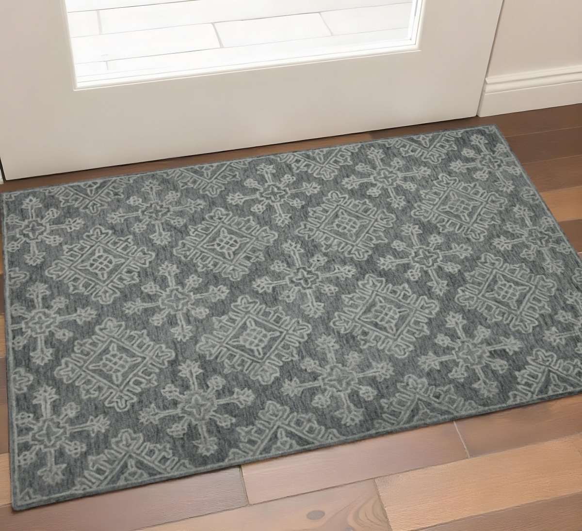 570355 2 x 3 ft. Graphite & Gray Wool Oriental Hand Hooked Rectangle Area Rug