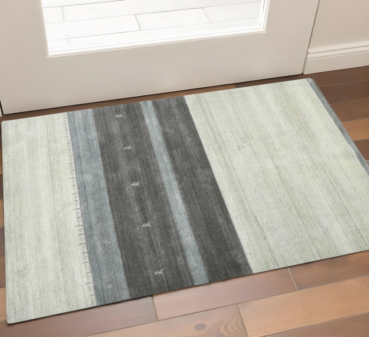 570687 2 x 3 ft. Wool Striped Hand Woven Rectangle Area Rug, Ivory Gray & Green