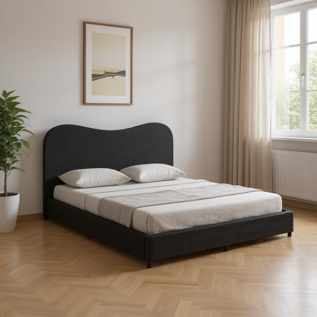 583185 Black Ribbed Texture Velvet Upholstered King Bed Frame