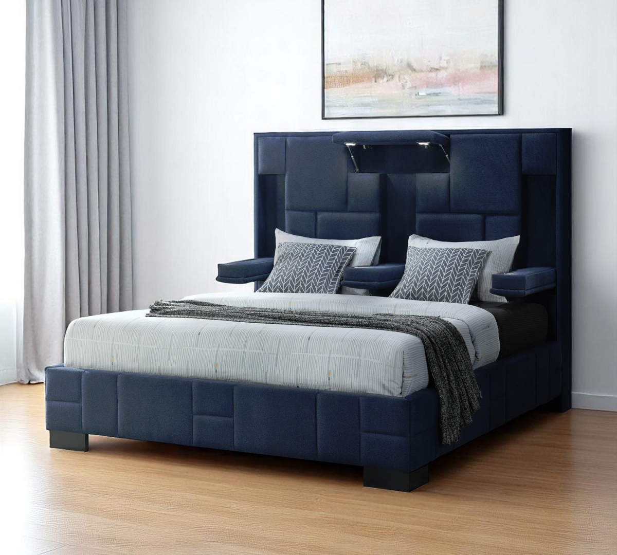 564740 62.91 x 91.34 x 84.25 in. Navy Blue Tufted Upholstered Lighted King Size Bed Frame