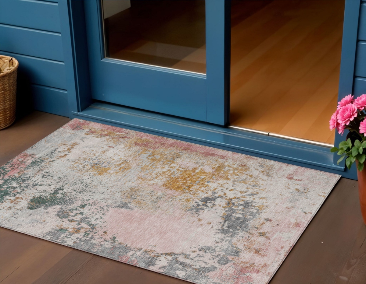630801 3 x 5 ft. Pink Charcoal & Copper Abstract Washable Indoor & Outdoor Rectangle Area Rug
