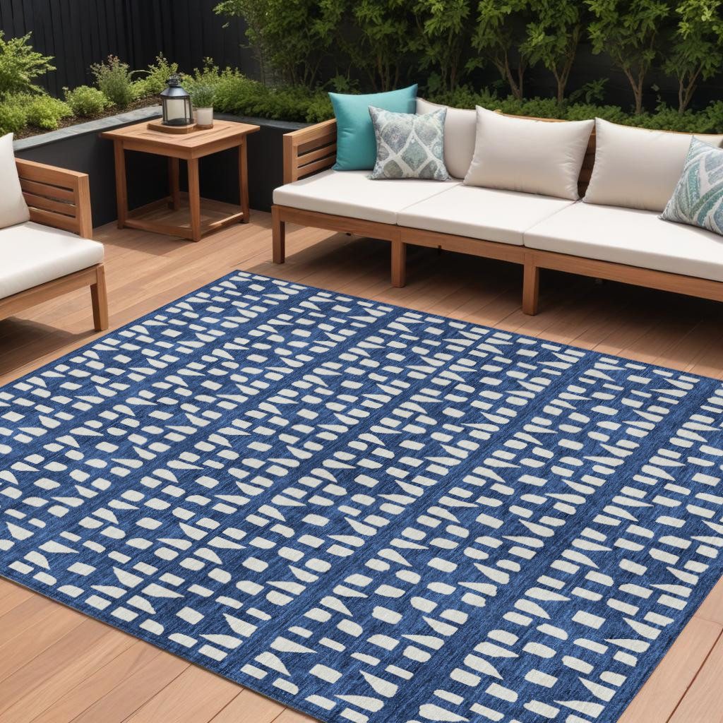 613794 10 x 14 ft. Navy Blue & Ivory Geometric Washable Indoor & Outdoor Rectangle Area Rug