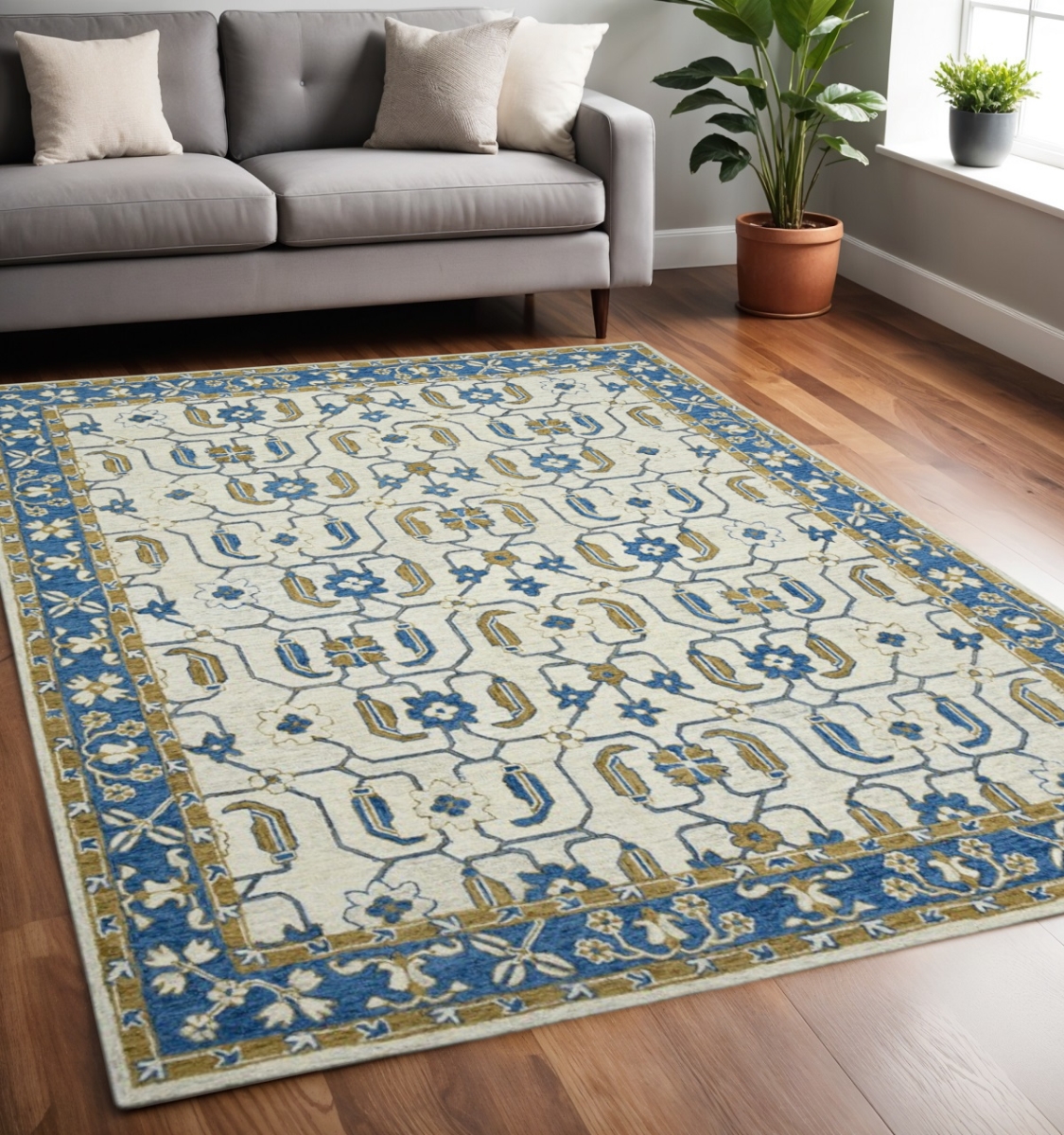 570420 5 x 8 ft. Blue Beige & Brown Wool Oriental Hand Hooked Rectangle Area Rug