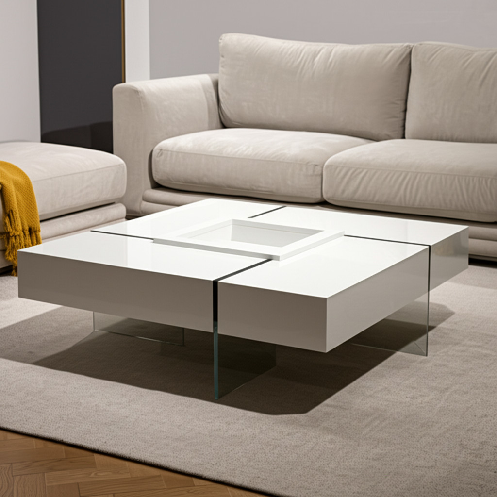 554284 47 in. Wood & Glass Square Sled Coffee Table, White & Clear