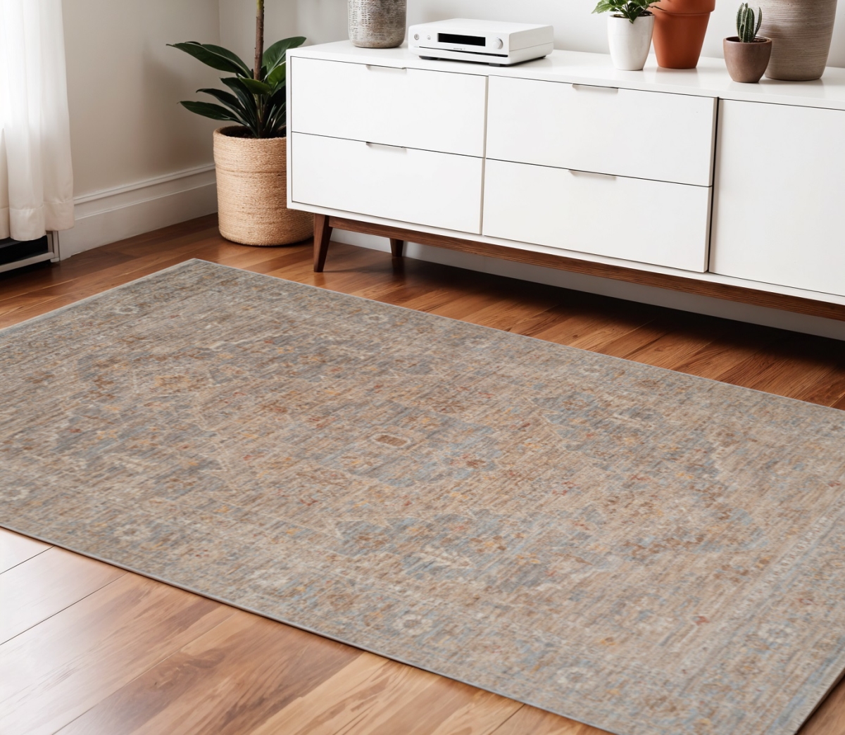 570946 4 x 6 ft. Blue & Sand Floral Medallion Rectangle Area Rug with Fringe