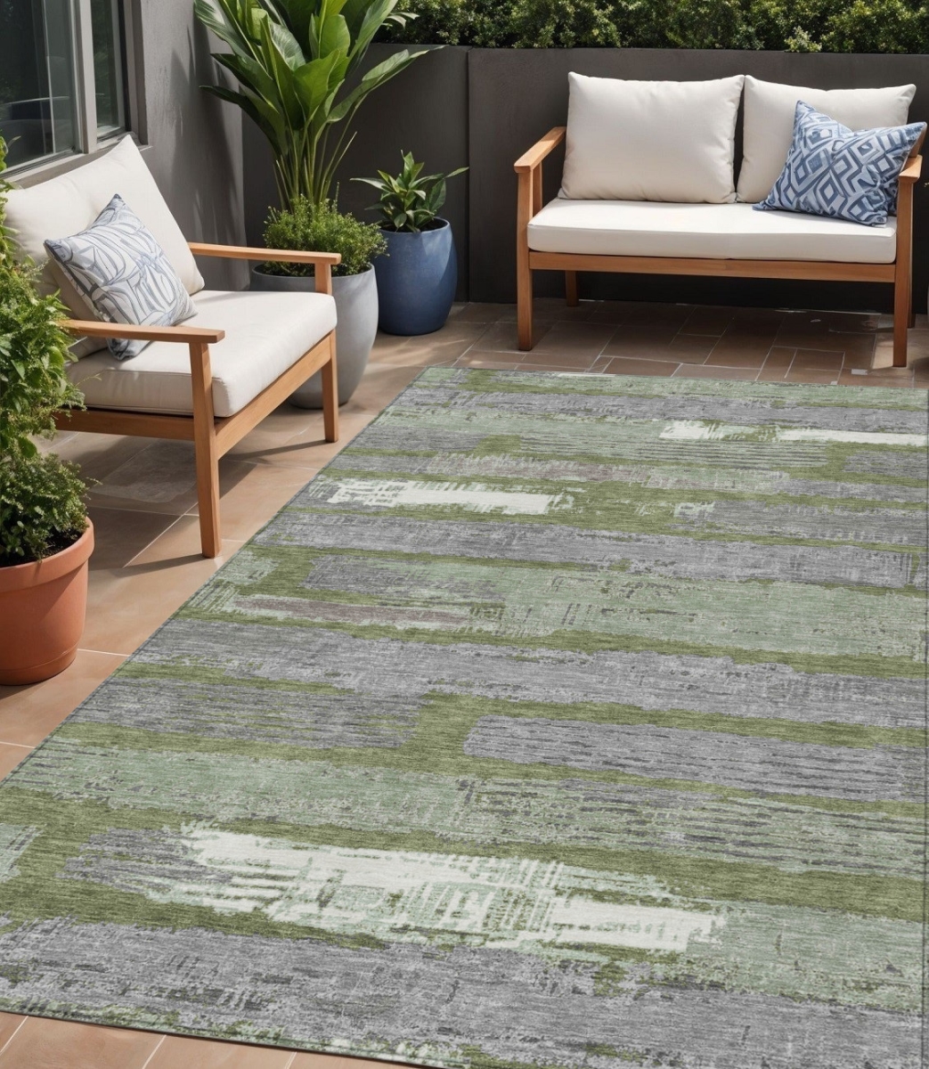 616671 5 x 8 ft. Olive Green Ivory & Blue Striped Washable Indoor & Outdoor Rectangle Area Rug