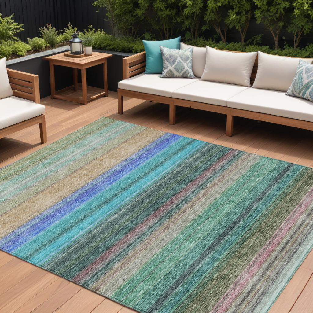 614830 8 x 10 ft. Sage Teal Blue & Tan Striped Washable Indoor & Outdoor Rectangle Area Rug
