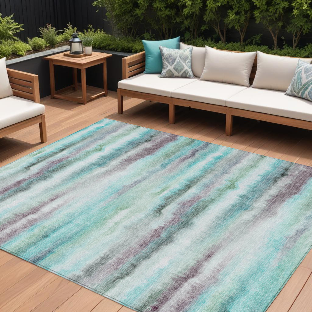 631418 10 x 14 ft. Teal Blue Plum & Ivory Striped Washable Indoor & Outdoor Rectangle Area Rug