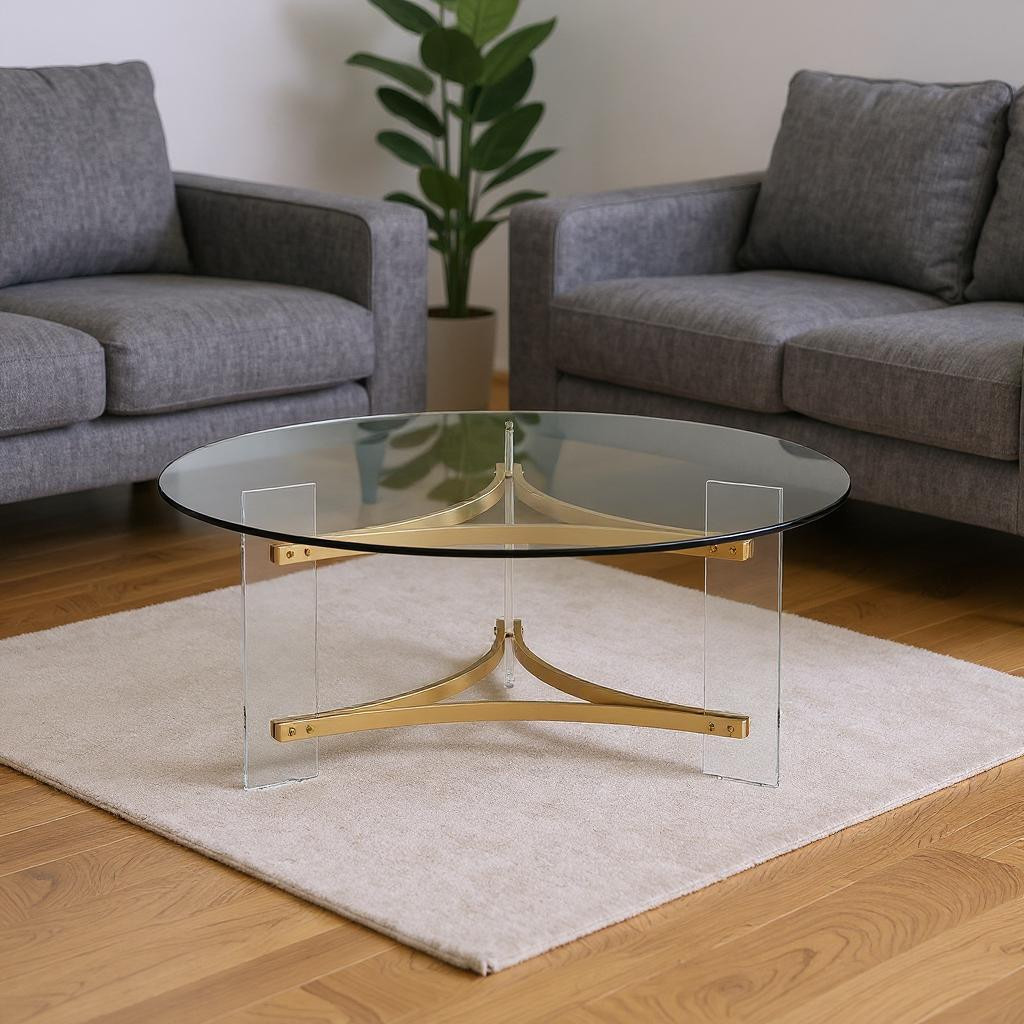 572210 41 in. Clear & Gold Glass Acrylic & Brass Round Coffee Table
