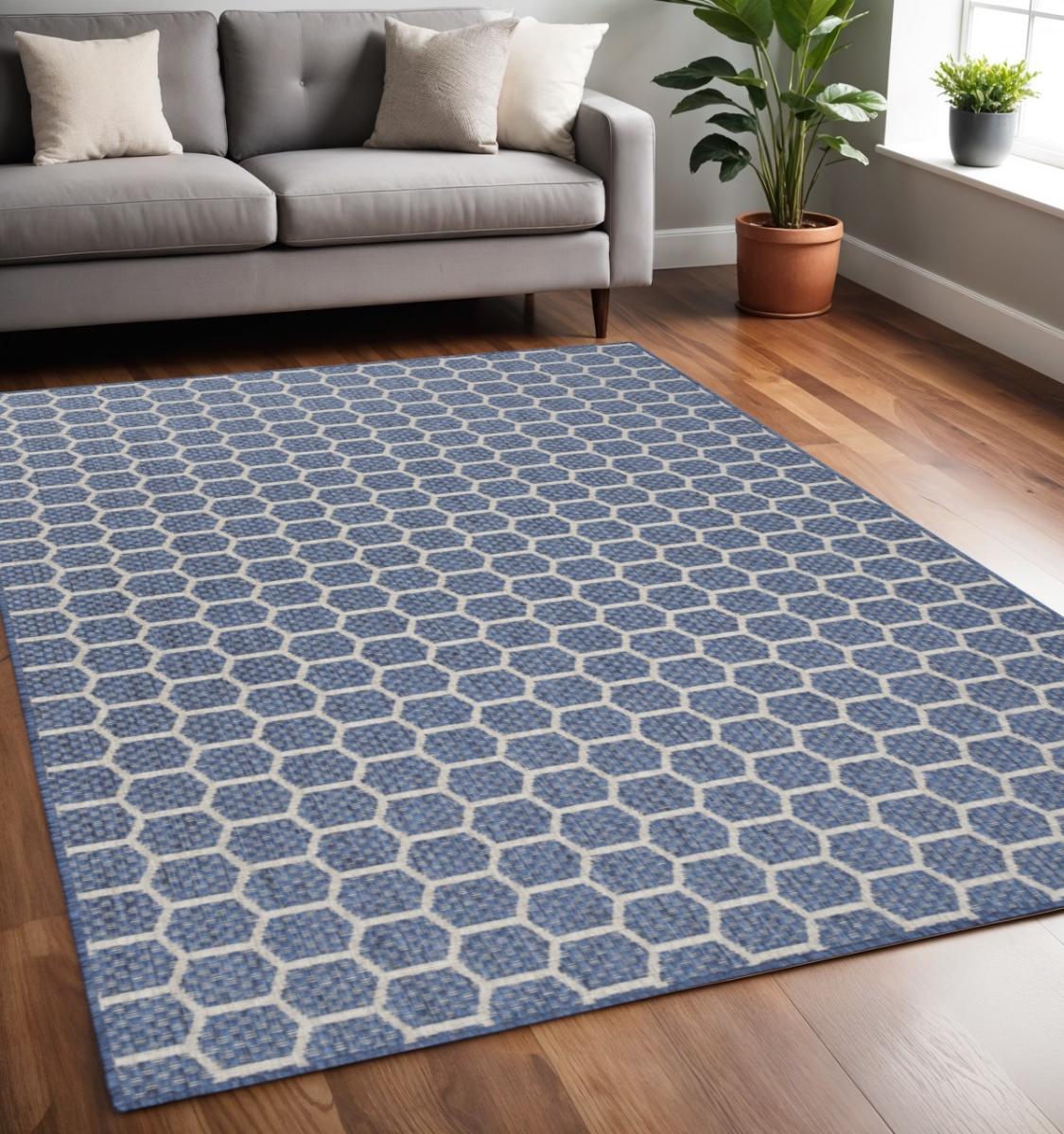 554860 5 x 7 ft. Blue & Ivory Geometric Indoor & Outdoor Rectangle Area Rug