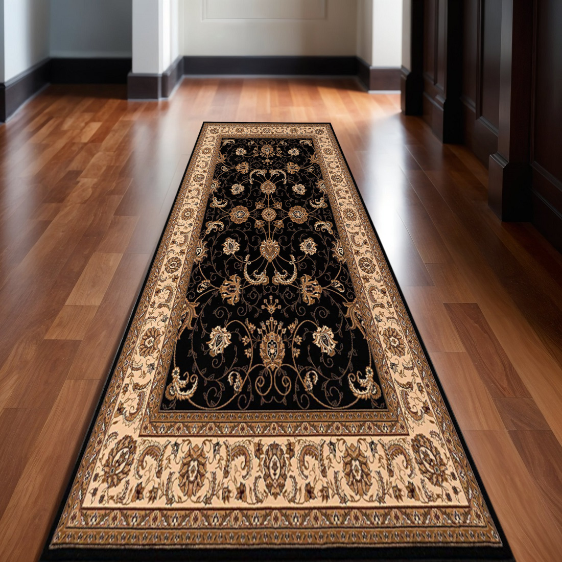 635300 12 ft. Beige & Black Oriental Runner Rug