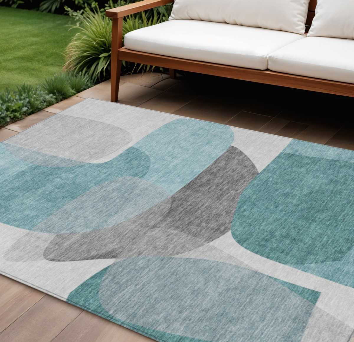 632190 10 x 14 ft. Teal Blue & Gray Abstract Washable Indoor & Outdoor Rectangle Area Rug