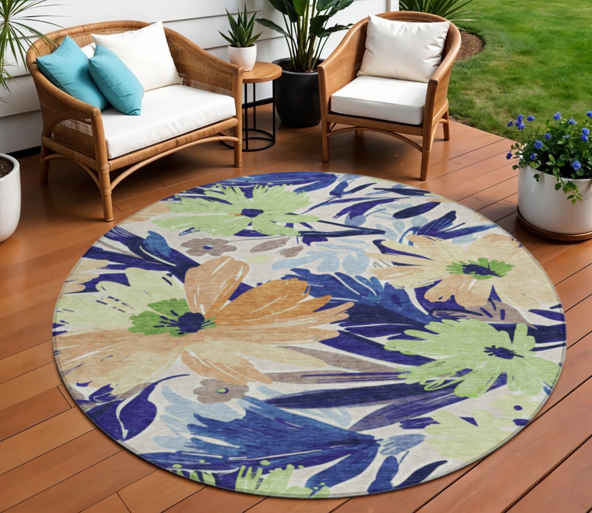 610988 8 ft. Navy Blue & Beige Round Floral Washable Indoor & Outdoor Area Rug