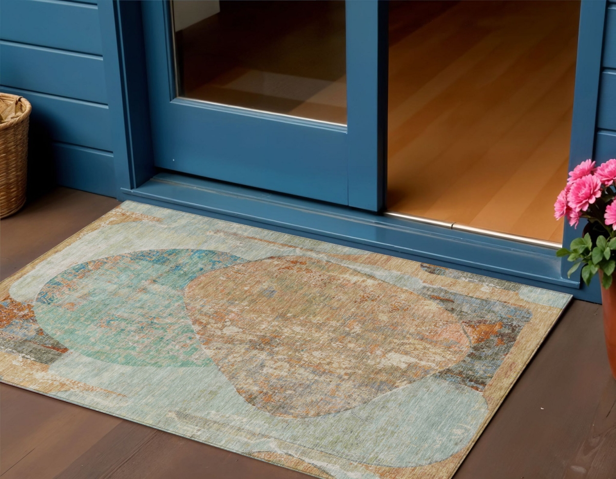 615716 3 x 5 ft. Teal Blue & Copper Abstract Washable Indoor & Outdoor Rectangle Area Rug