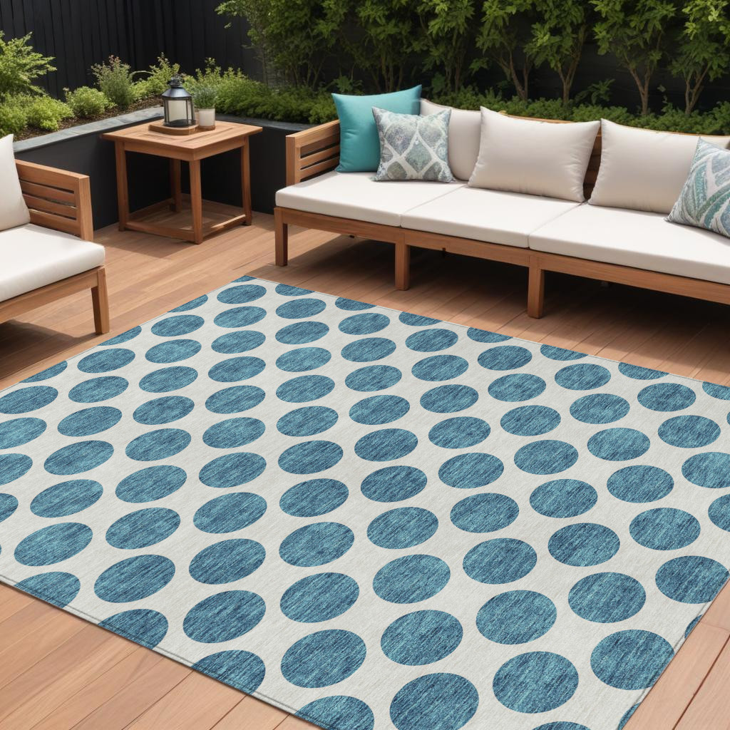 614946 10 x 14 ft. Teal Blue & Ivory Polka Dot Washable Indoor & Outdoor Rectangle Area Rug