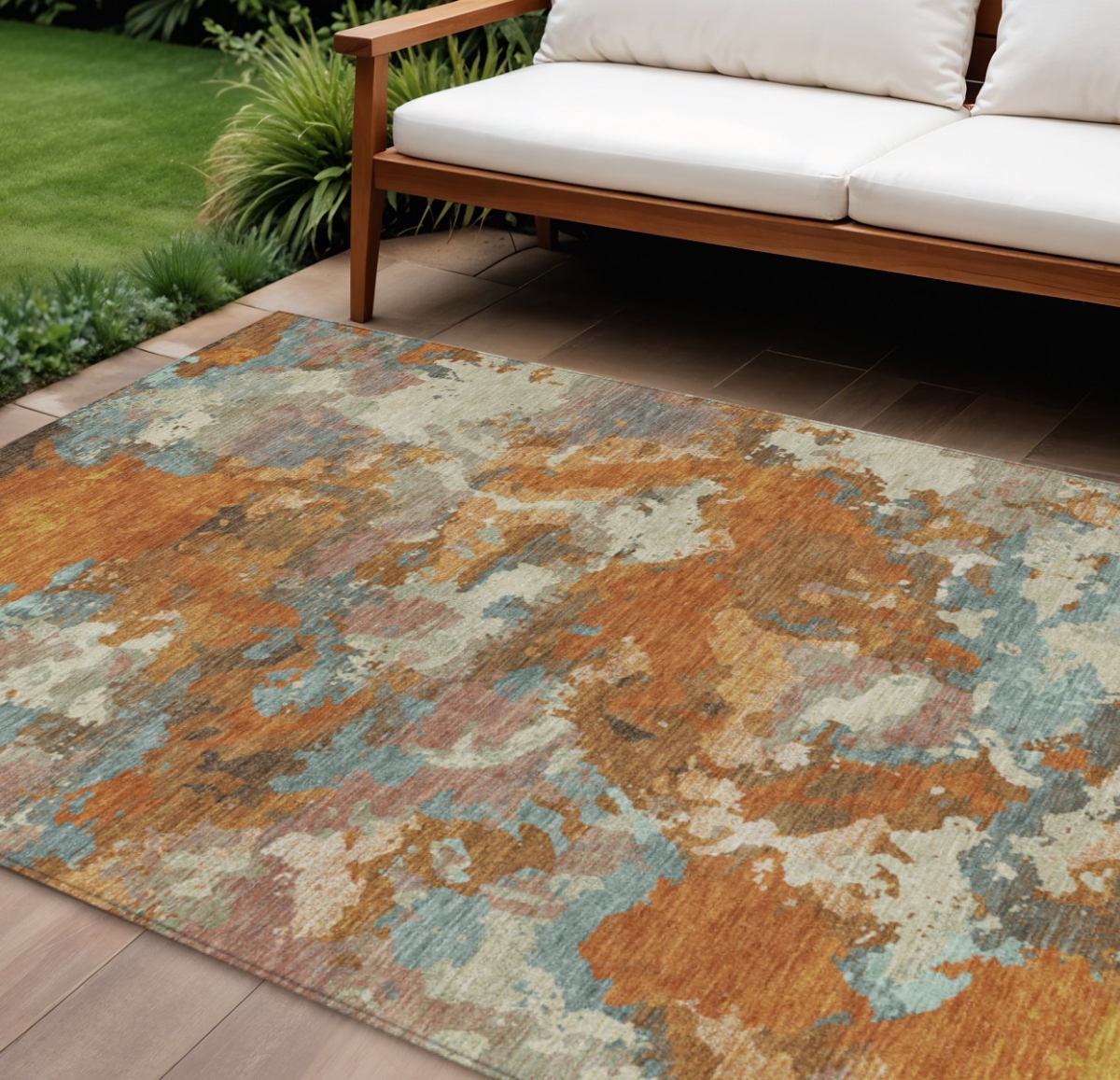 609593 10 x 14 ft. Copper & Orange Abstract Washable Indoor & Outdoor Rectangle Area Rug