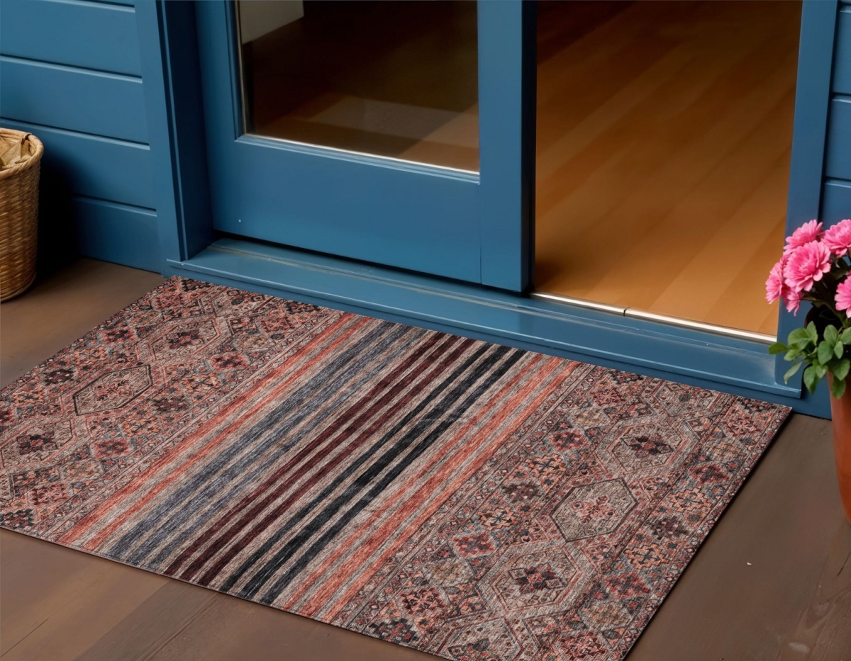Rust Gray & Salmon Medallion Area Rug - 3 x 5 ft - Washable - Stain Resistant