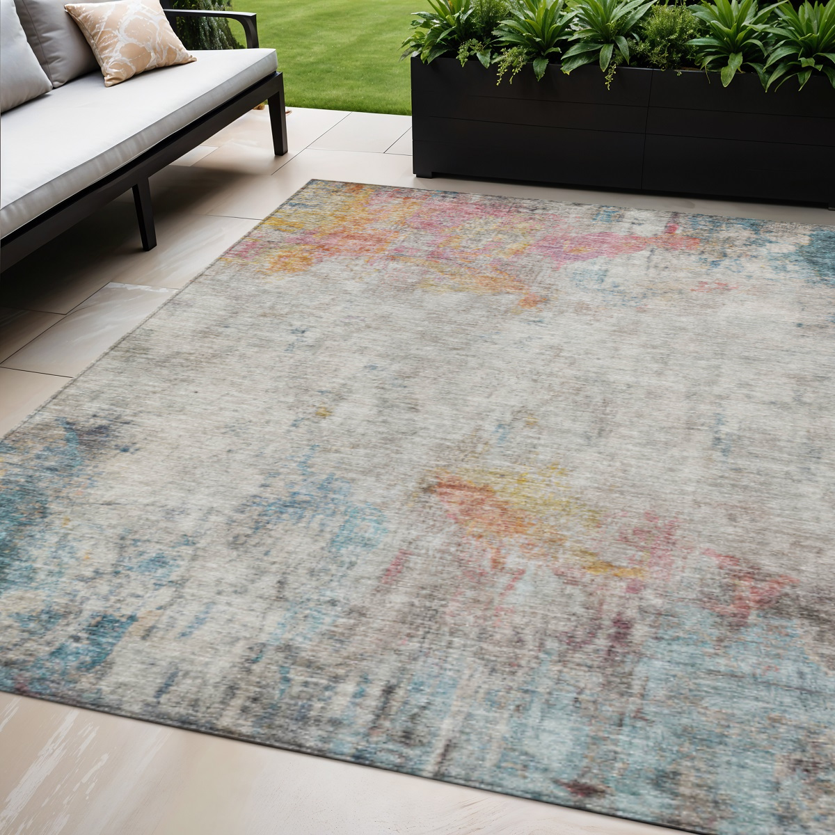 607729 5 x 8 ft. Teal Blue Abstract Washable Indoor & Outdoor Rectangle Area Rug