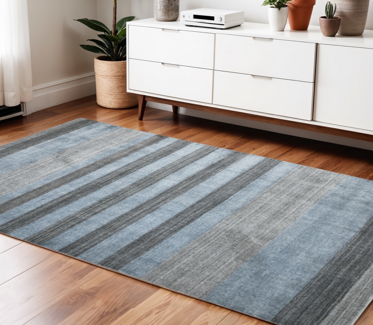 570682 4 x 6 ft. Gray & Light Blue Wool Striped Hand Woven Rectangle Area Rug