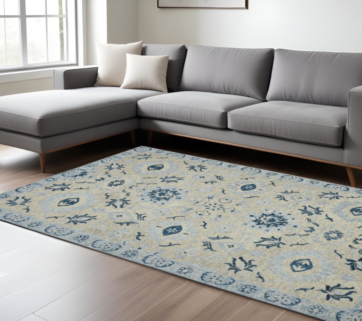 570397 8 x 10 ft. Gray Dark Blue & Light Blue Wool Floral Medallion Hand Hooked Rectangle Area Rug