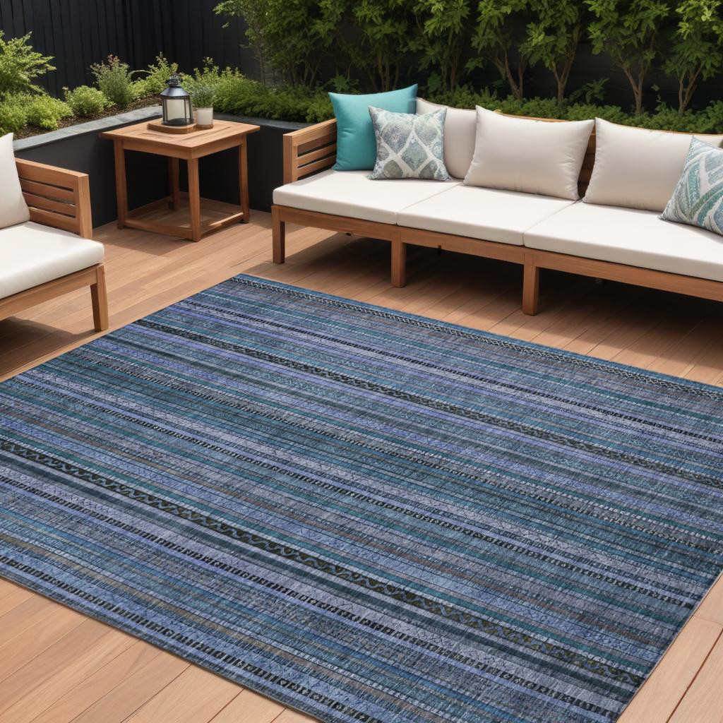 616367 8 x 10 ft. Blue Gray & Sky Blue Striped Washable Indoor & Outdoor Rectangle Area Rug