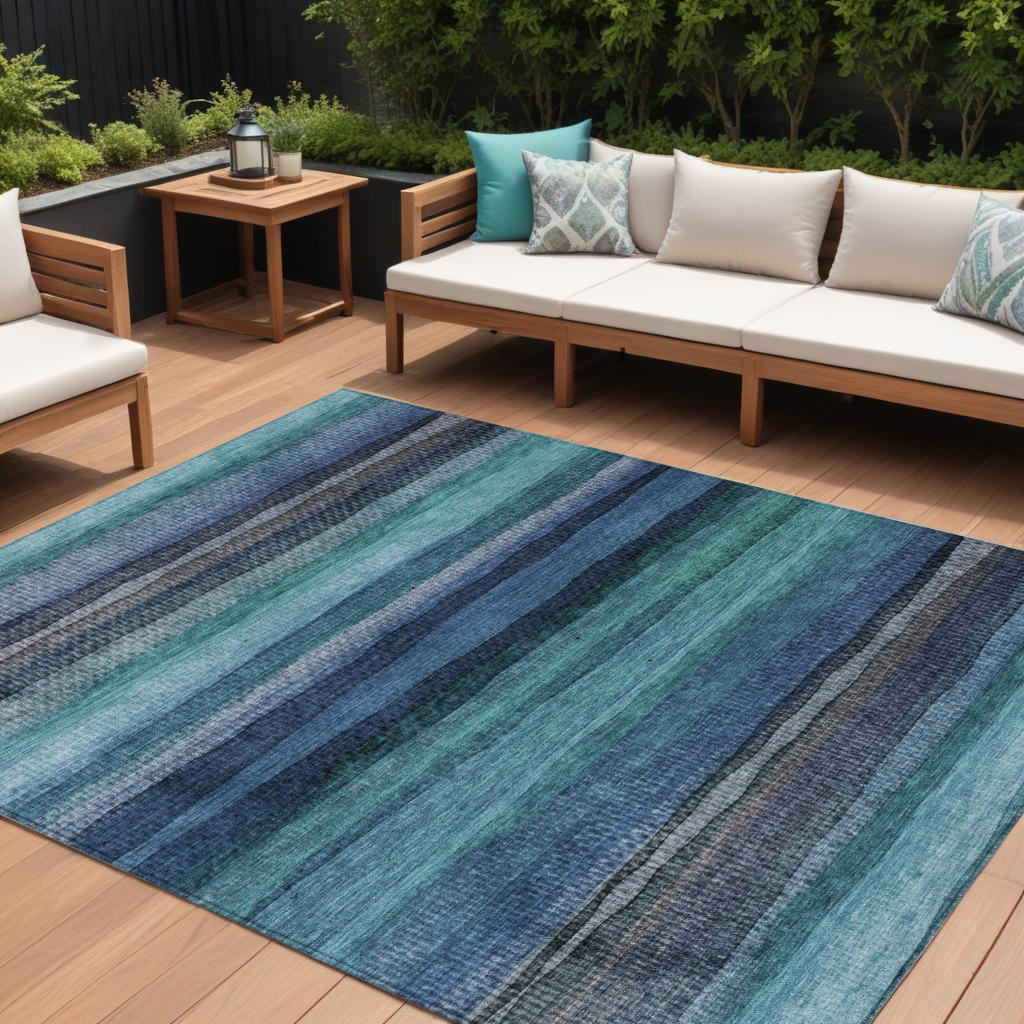 631225 9 x 12 ft. Teal Blue Aqua & Navy Blue Striped Washable Indoor & Outdoor Rectangle Area Rug