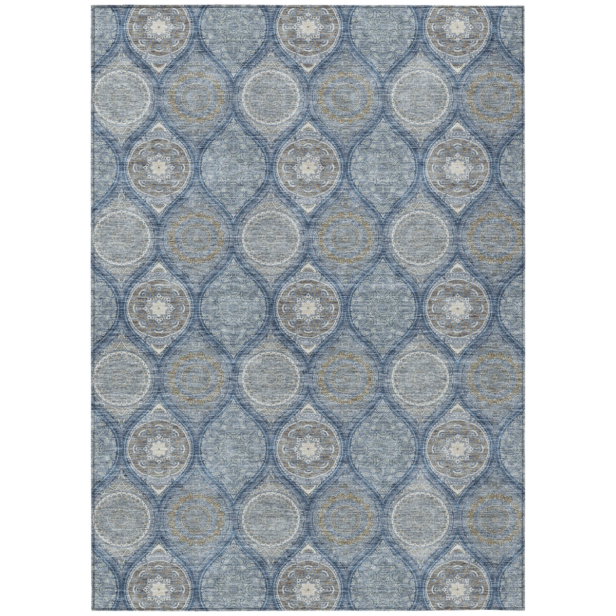 614609 9 x 12 ft. Navy Blue Ivory & Taupe Floral Medallion Washable Indoor & Outdoor Rectangle Area Rug