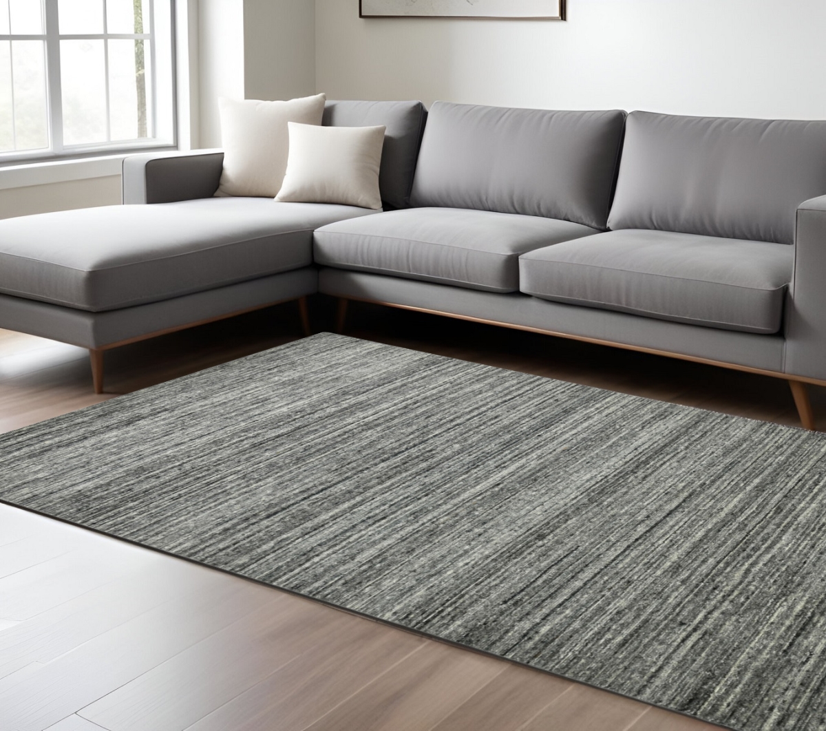 570277 12 x 15 ft. Dark Gray & Ivory Wool Striped Hand Woven Rectangle Area Rug