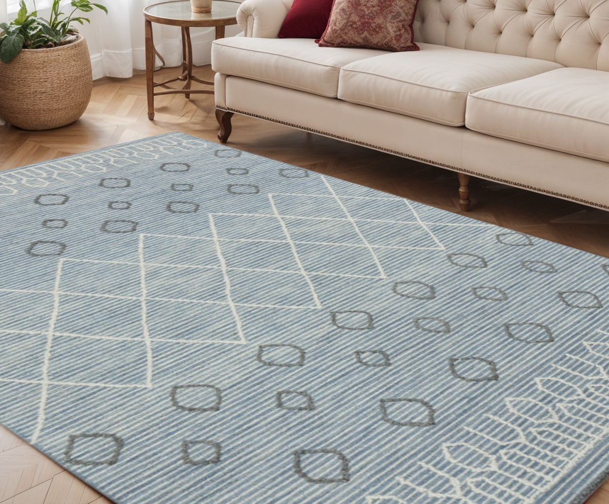 570308 5 x 8 ft. Blue - Gray & Ivory Wool Geometric Hand Hooked Rectangle Area Rug