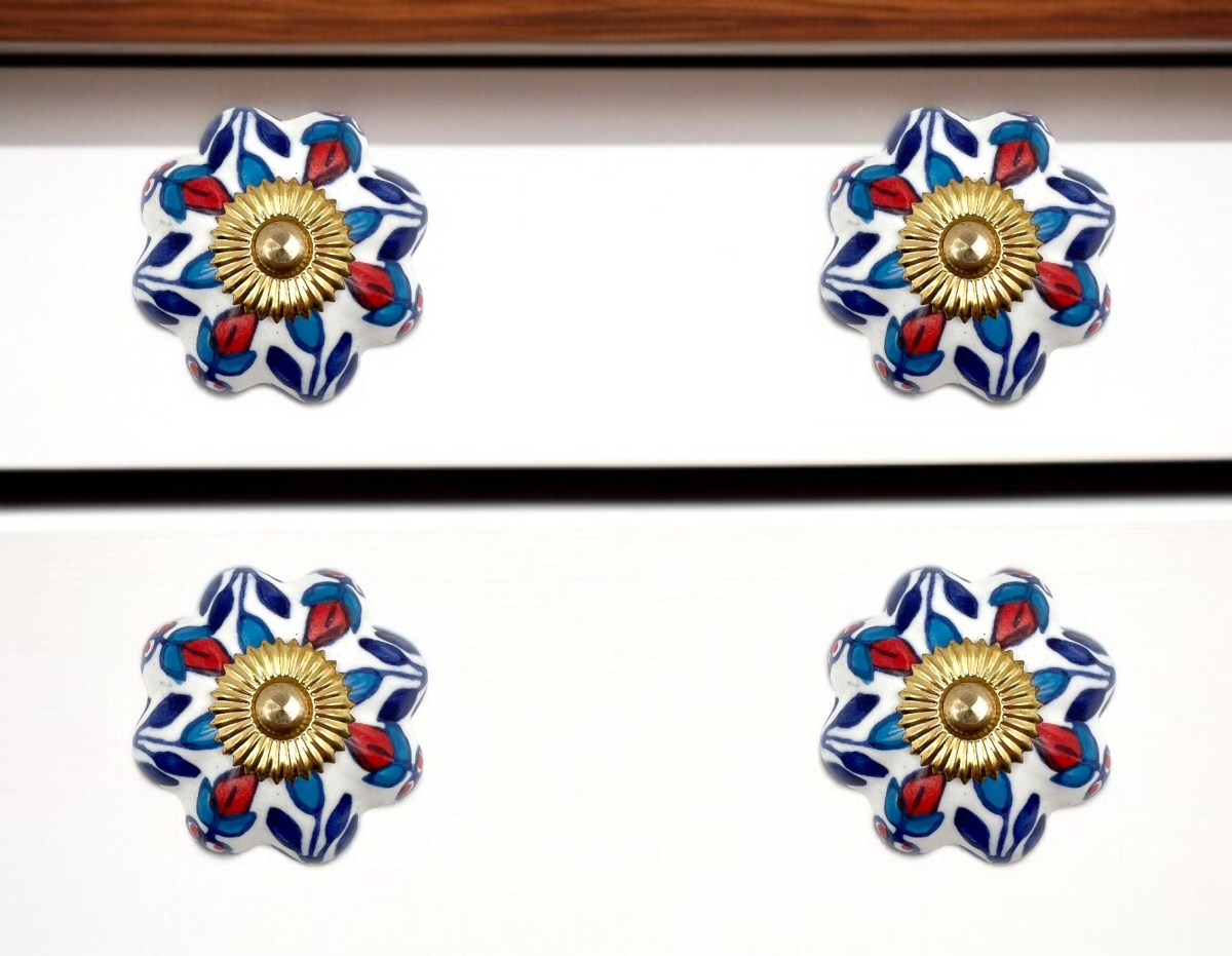 635765 Red White & Blue Floral Ceramic Drawer Pull Knobs - Set of 6