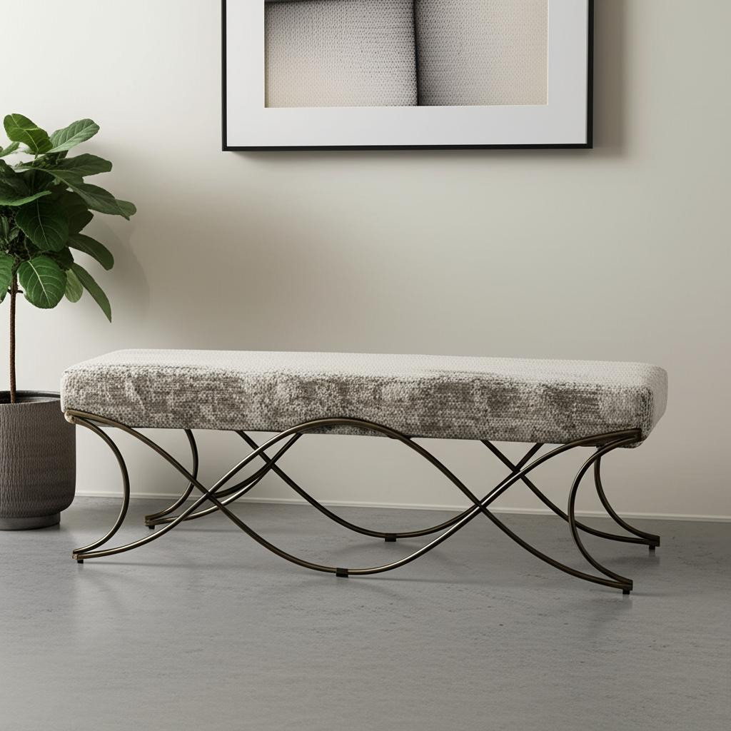 606737 55 in. Gray & Gold Chenille & Metal Upholstered Bench