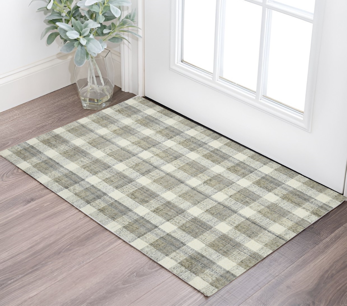 570555 2 x 3 ft. Wool Plaid Hand Tufted Rectangle Area Rug, Gray & Ivory