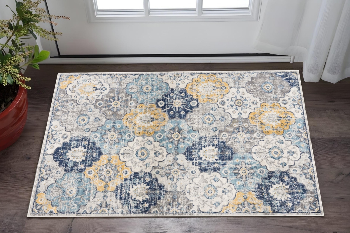 610330 2 x 3 ft. Blue Gray & Gold Floral Medallion Rectangle Area Rug