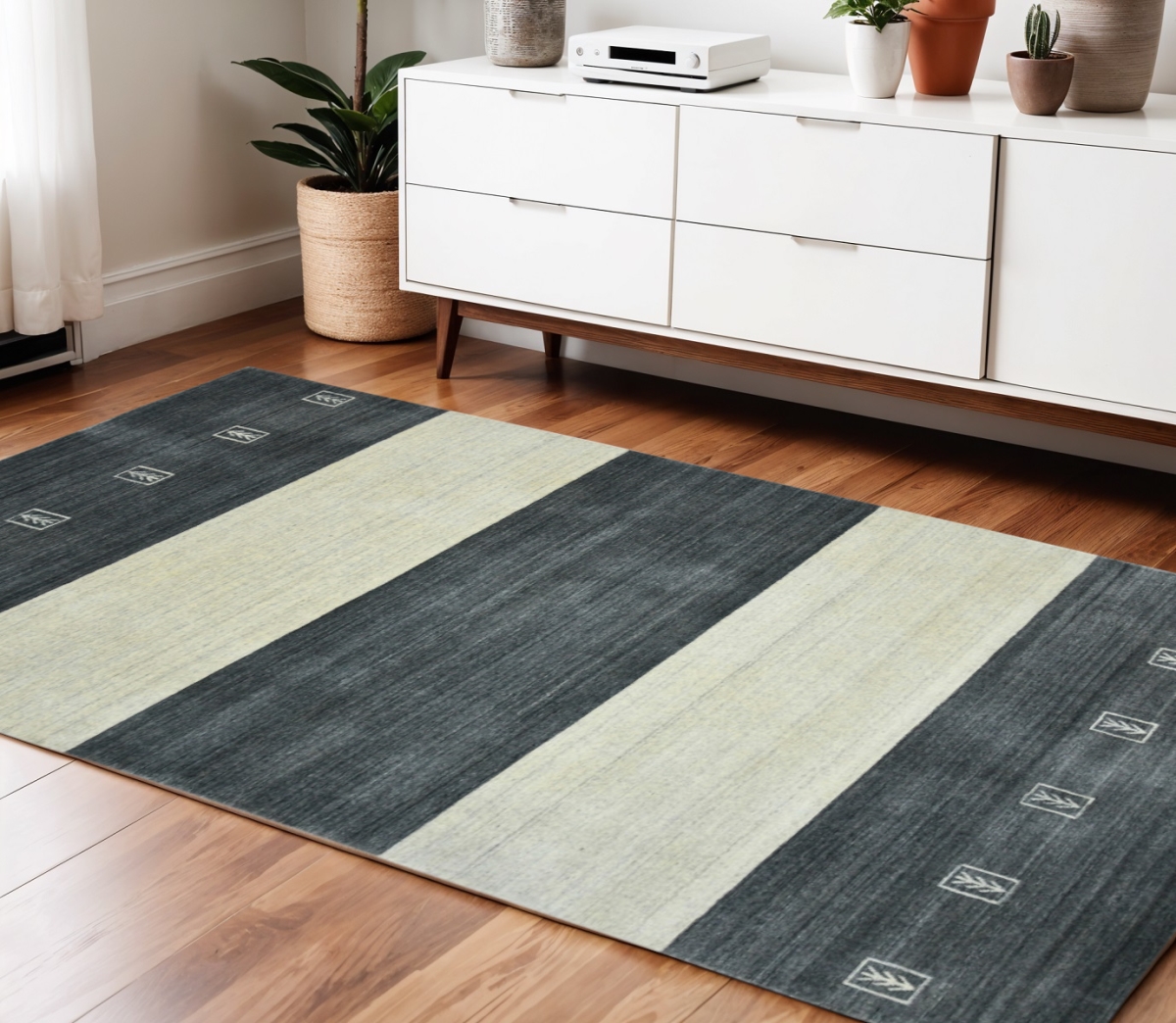 570697 4 x 6 ft. Charcoal & Ivory Wool Striped Hand Woven Rectangle Area Rug