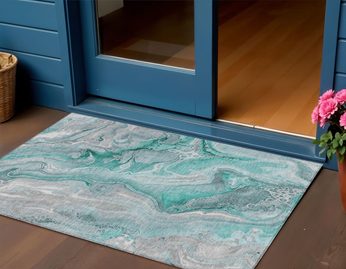 617614 3 x 5 ft. Teal Blue & Ivory Abstract Washable Indoor & Outdoor Rectangle Area Rug