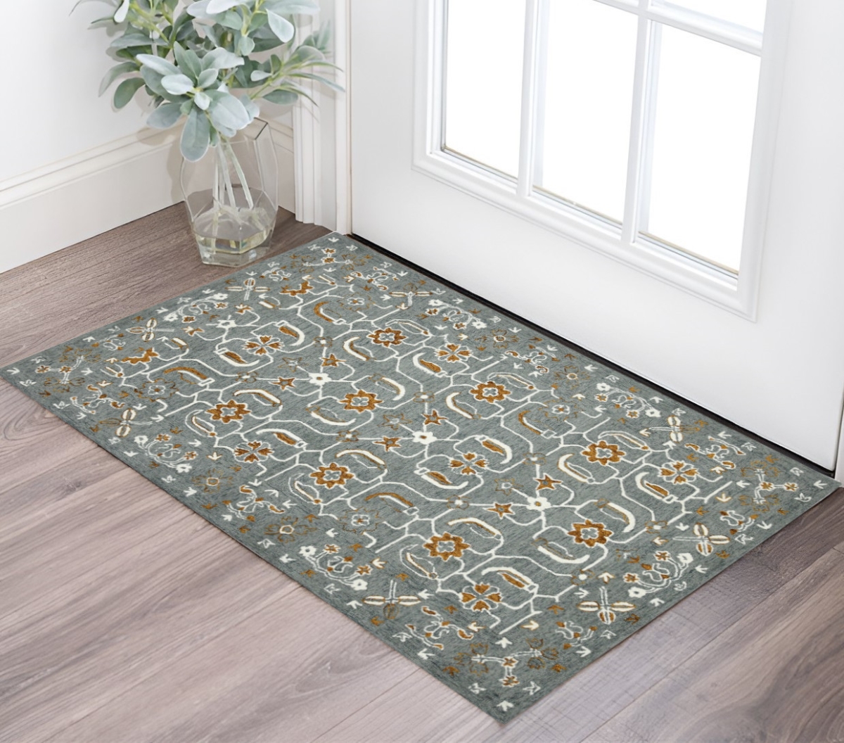 570407 2 x 3 ft. Orange Gray & Ivory Wool Floral Medallion Hand Hooked Rectangle Area Rug