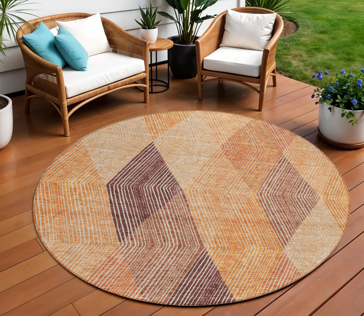 613719 8 ft. Orange Peach & Ruby Red Round Argyle Washable Indoor & Outdoor Area Rug