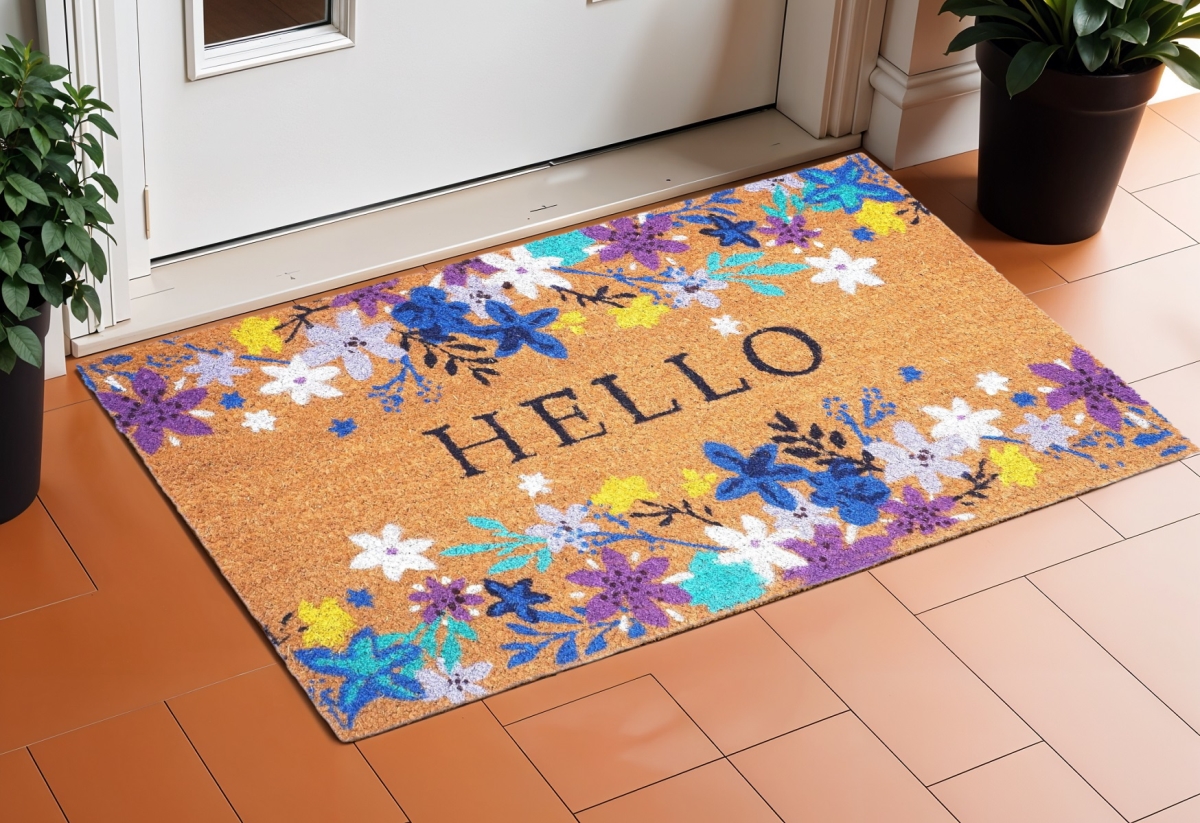 632298 17 x 29 in. Natural Blue & Purple Floral Hello Outdoor Coir Door Mat