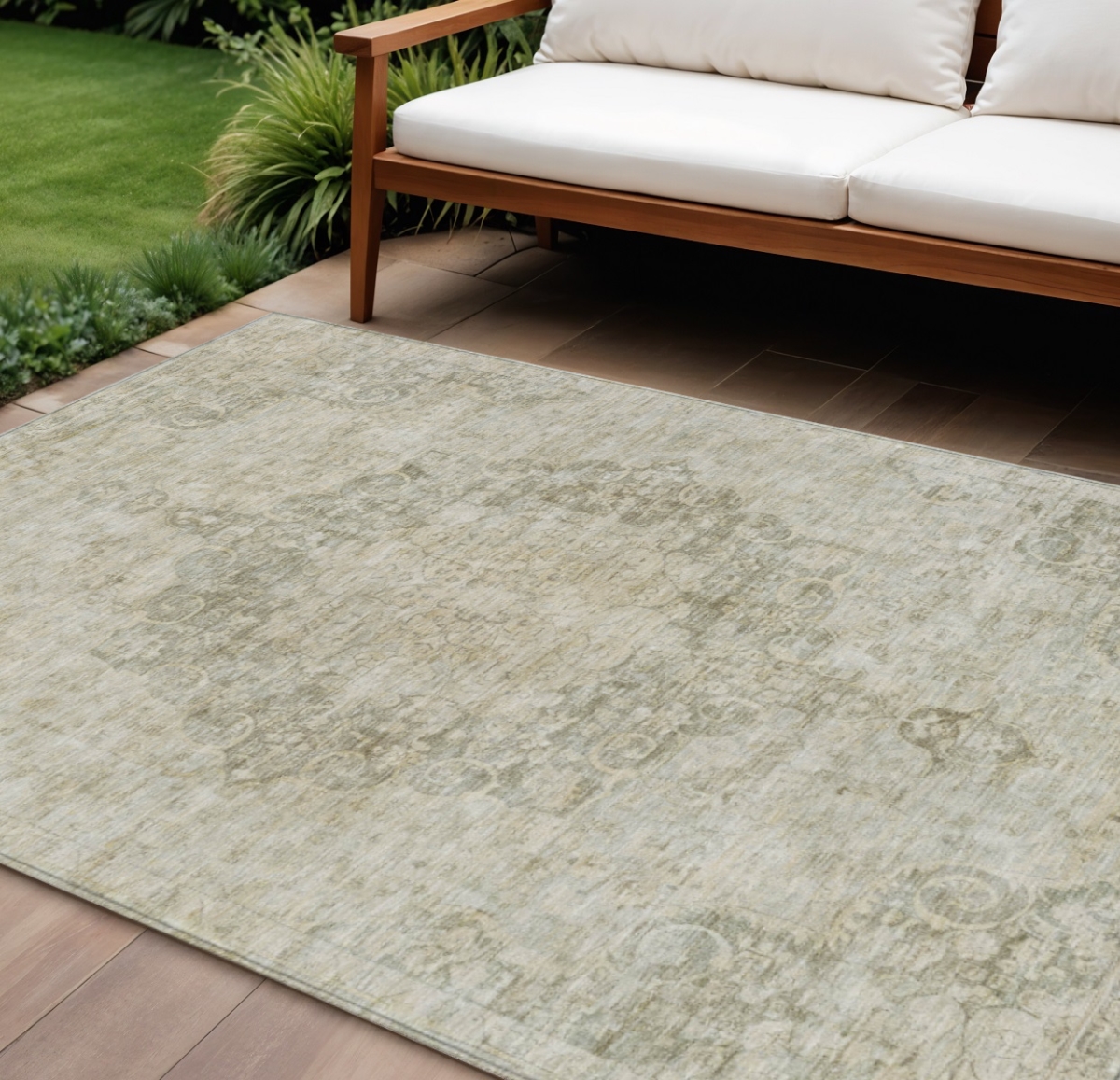 Sage Floral Medallion Area Rug - 8' x 10' - Washable - Stain Resistant